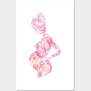 Pregnant woman  peonies silhouette Posters and Art